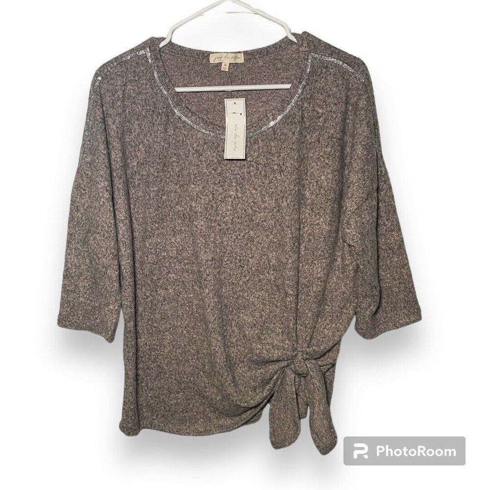Joie de Vivre Womens Top Size M Gray Beaded Half Sleeve Tie Front Pullover Fall